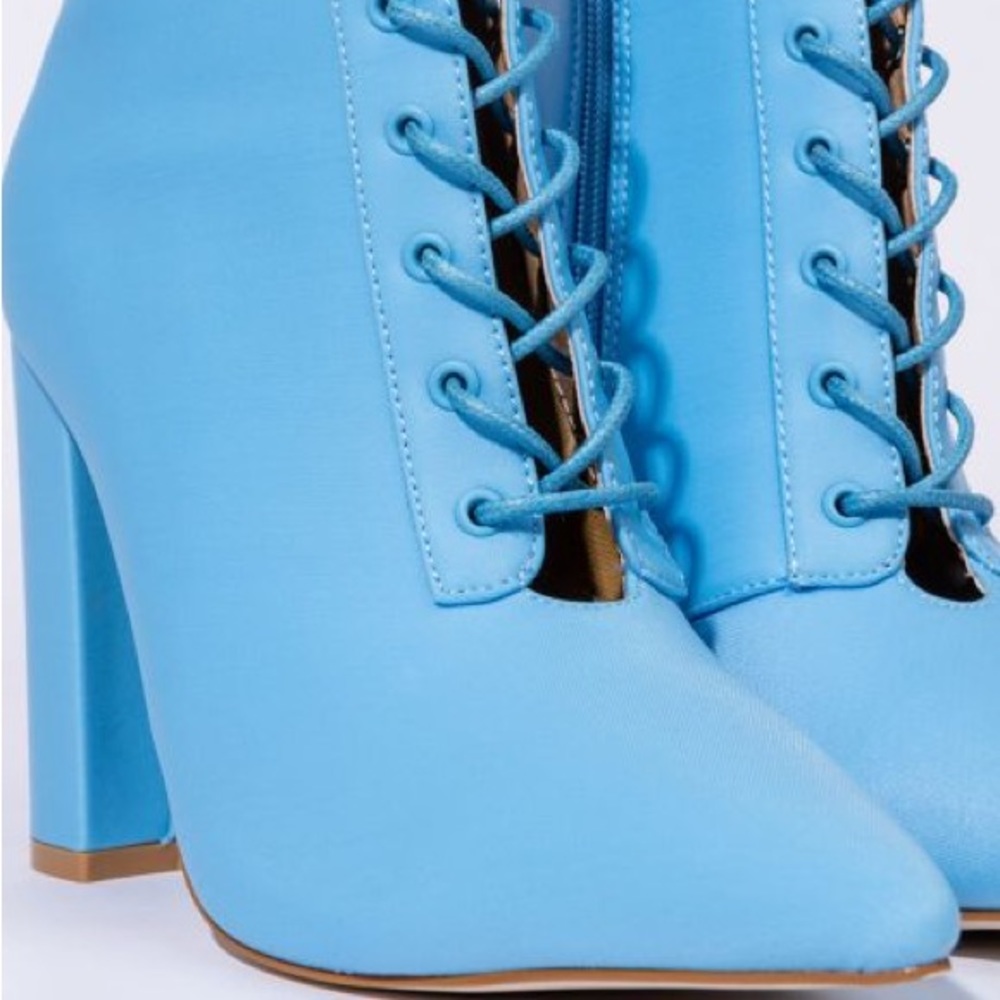 Azalea Wang Blue Lace Up Nylon High Heel Boots - Picture 4 of 6